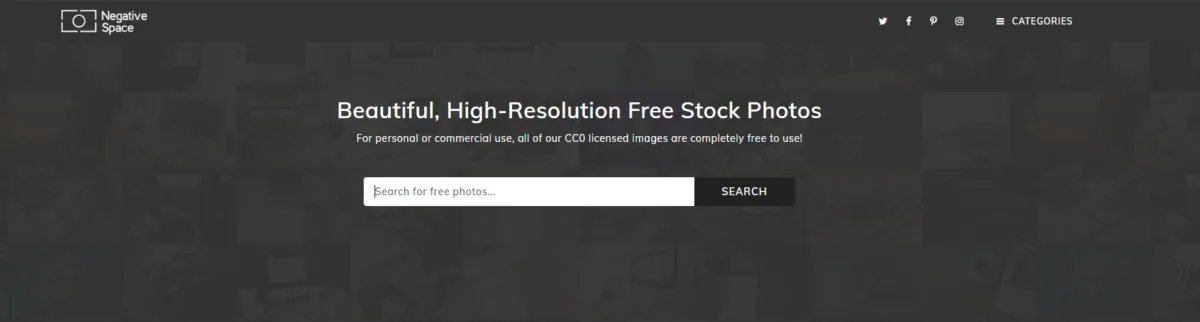 Negative Space homepage screenshot featuring creative, free stock photos with ample negative space for text overlays