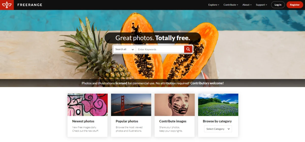 Freerange Stock homepage screenshot offering a wide variety of professional-grade free stock photos for commercial use.