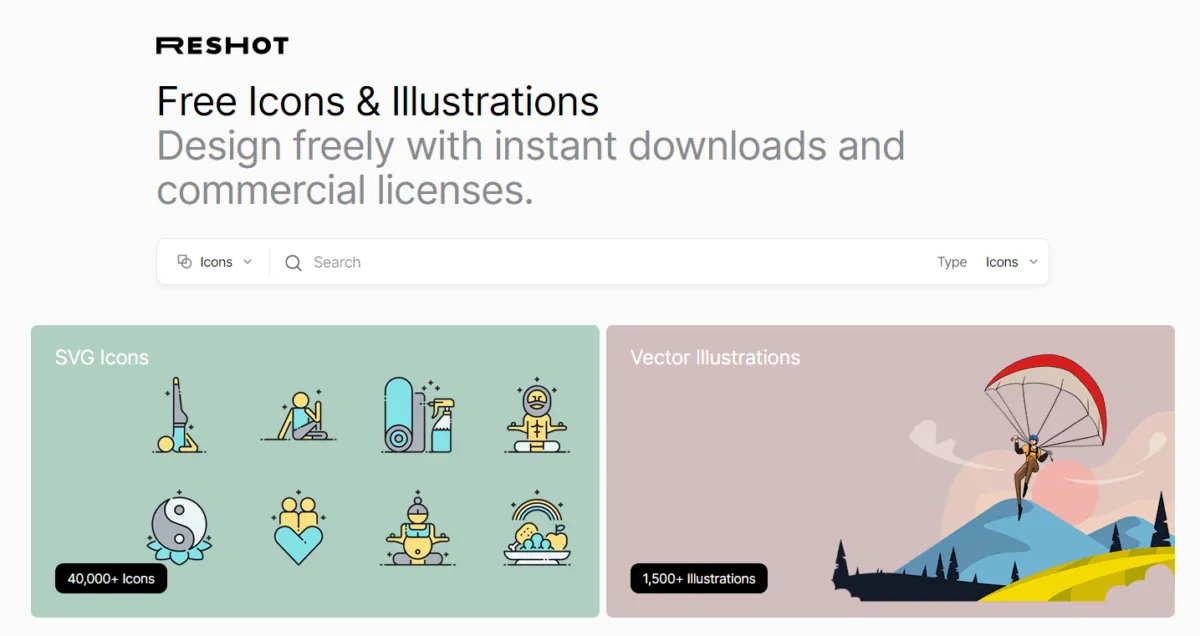 Reshot homepage screenshot showing handpicked, non-stocky free images designed for startups and freelancers.