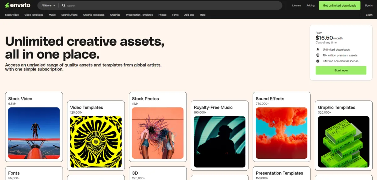 Envato Elements homepage showcasing premium stock photos and design assets for creative professionals