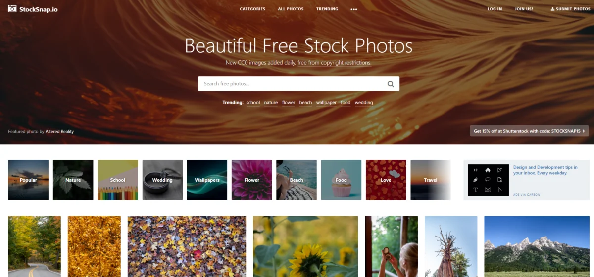 StockSnap.io homepage screenshot displaying trending free stock photos ideal for website and blog designs.