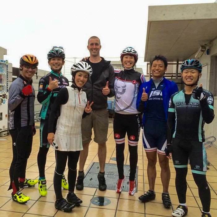 Jef van de Graaf with a group of cyclists in Japan