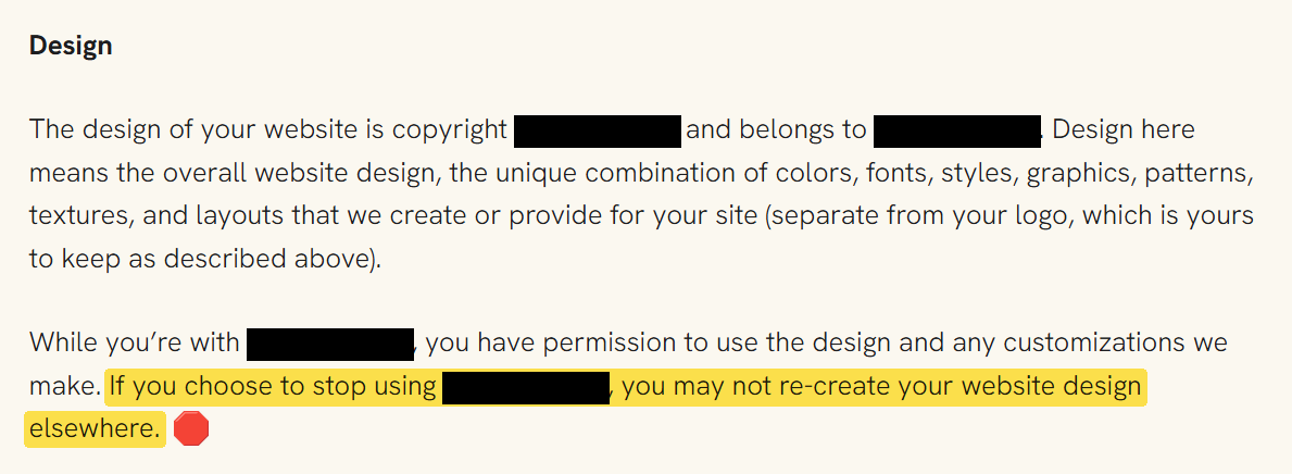 A real agency contract clause claiming permanent copyright over the website design