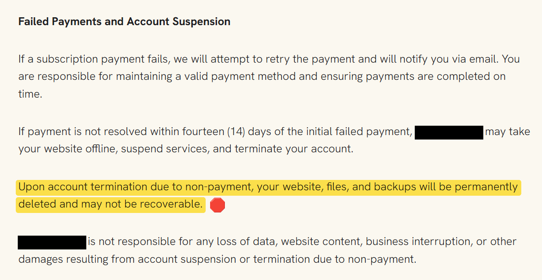 A real hosting agreement clause: failed payments mean the agency takes your site down and keeps your files