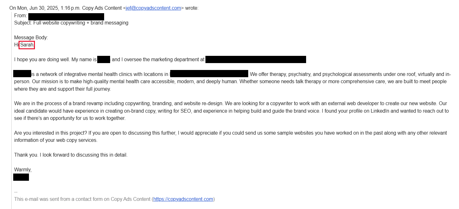 The original inquiry email, redacted