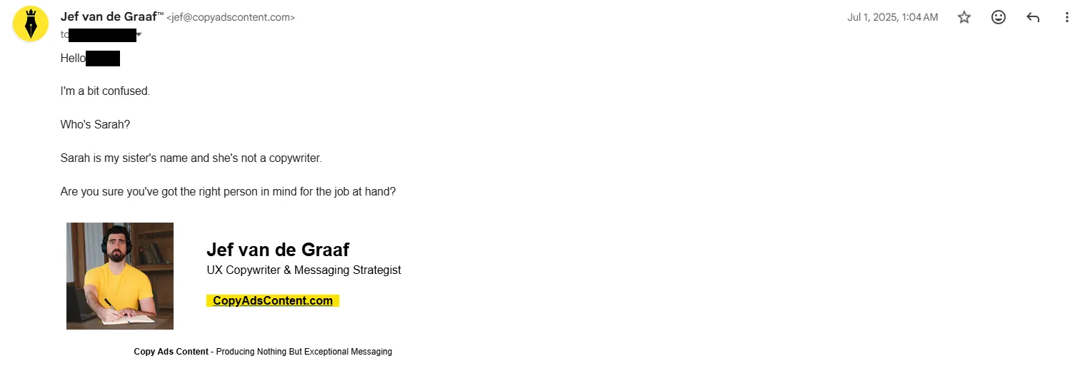 My first reply, redacted