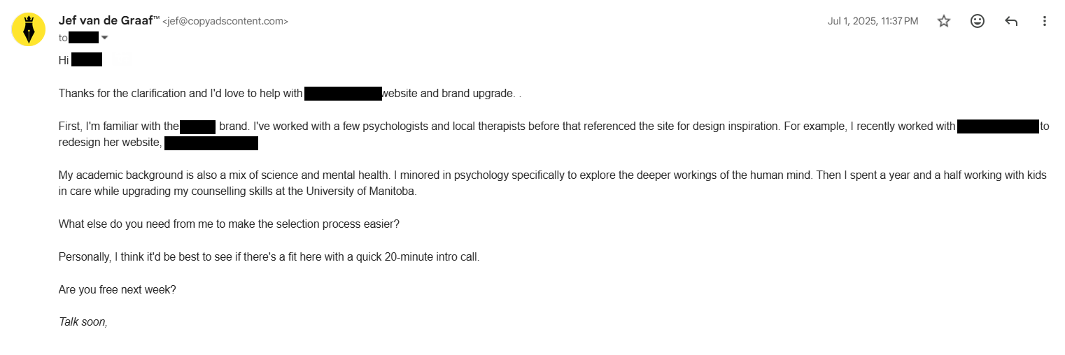 My credentials and a 20-minute call offer, redacted