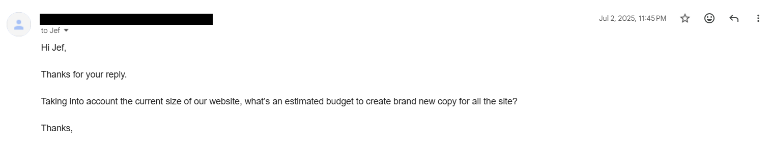 Their email jumping straight to budget, redacted