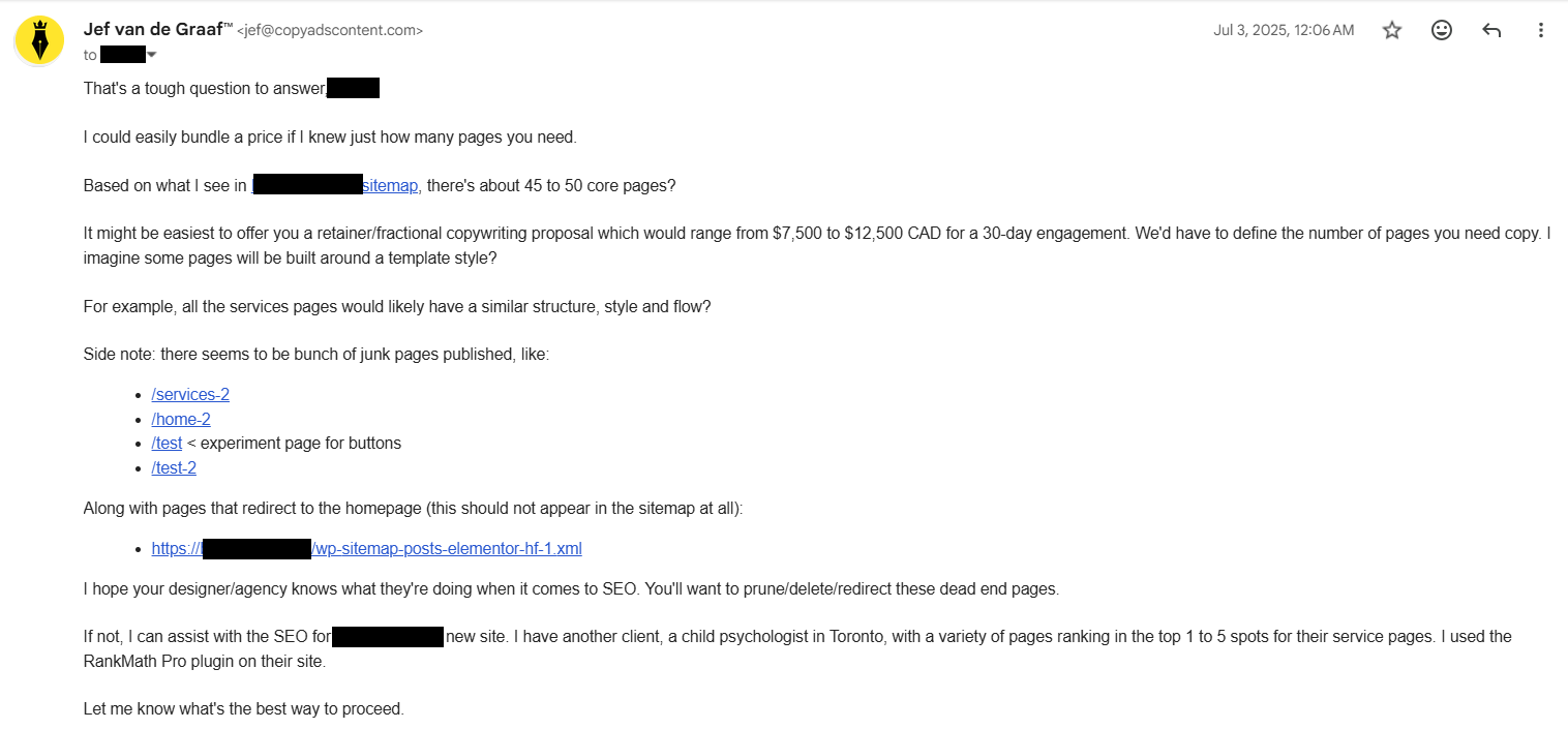 My $7,500 to $12,500 CAD quote, redacted