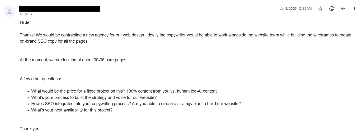 Their AI-formatted reply full of questions, redacted