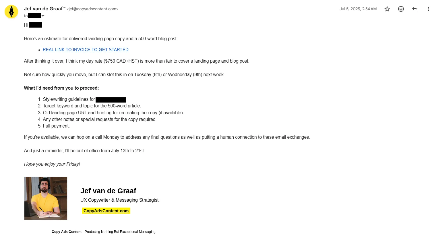My $750 CAD stepping-stone offer, redacted