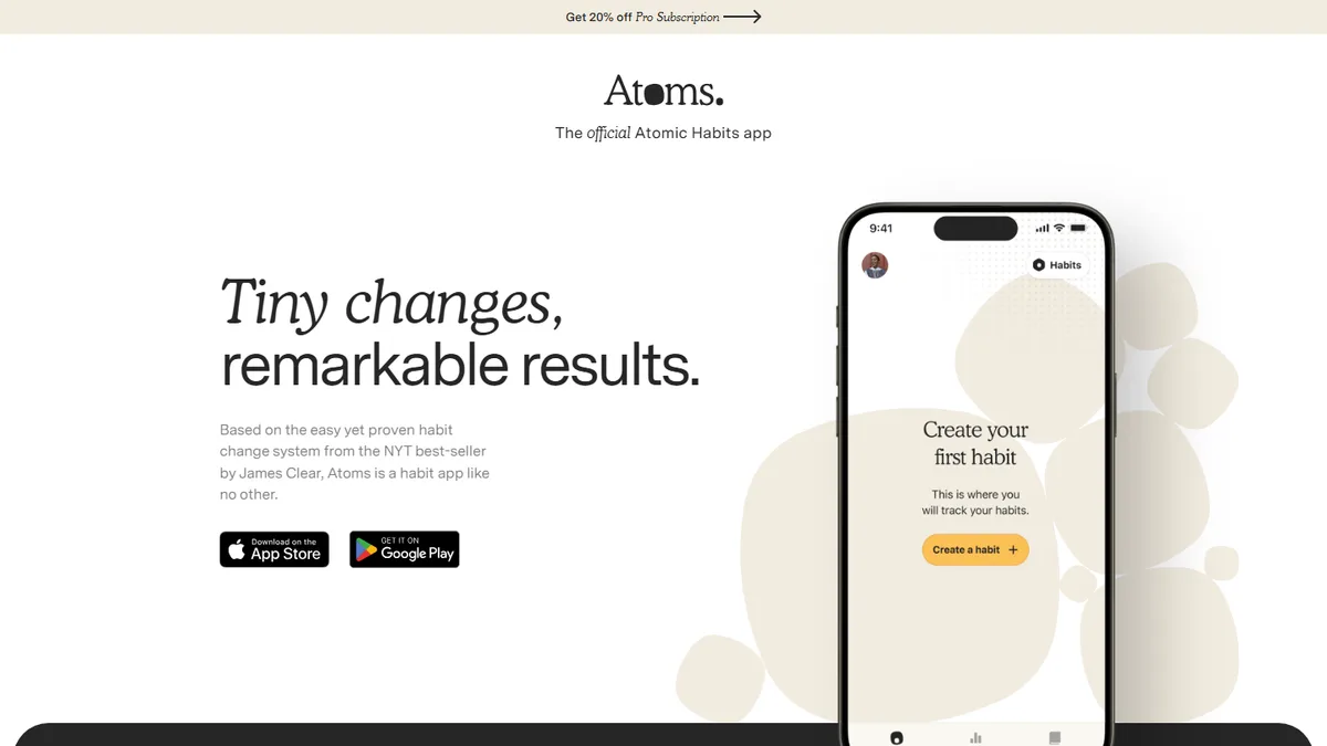 The Atoms home page: the headline Tiny changes, remarkable results, with a phone showing the app and App Store and Google Play buttons