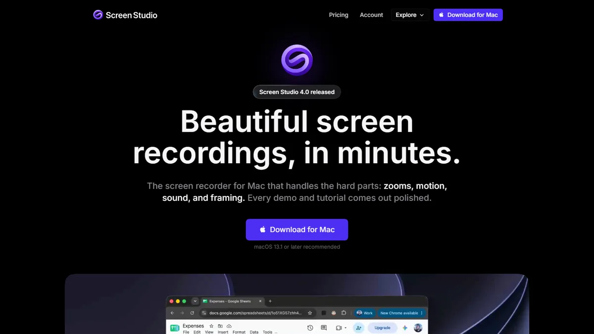 The Screen Studio home page: a single scrolling page with the headline Beautiful screen recordings, in minutes, and a Download for Mac button