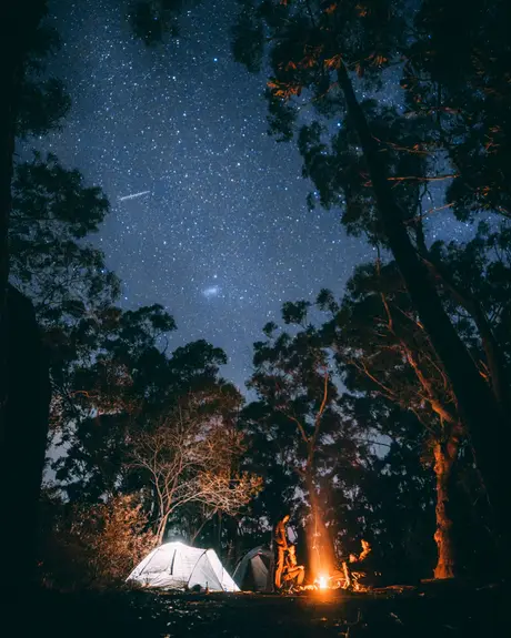 A tent and campfire under the stars