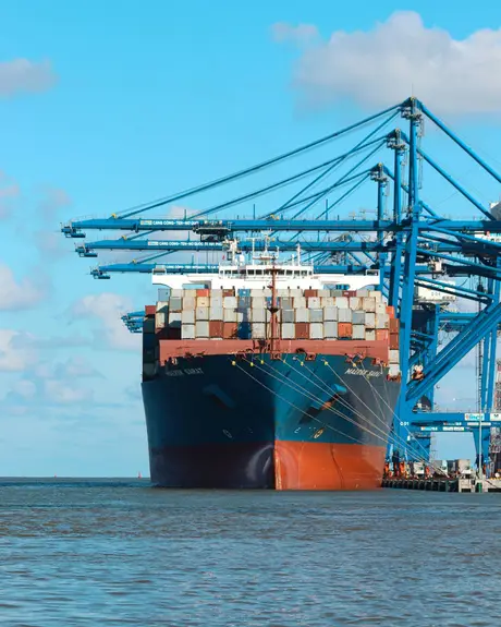 A container ship at berth under blue gantry cranes