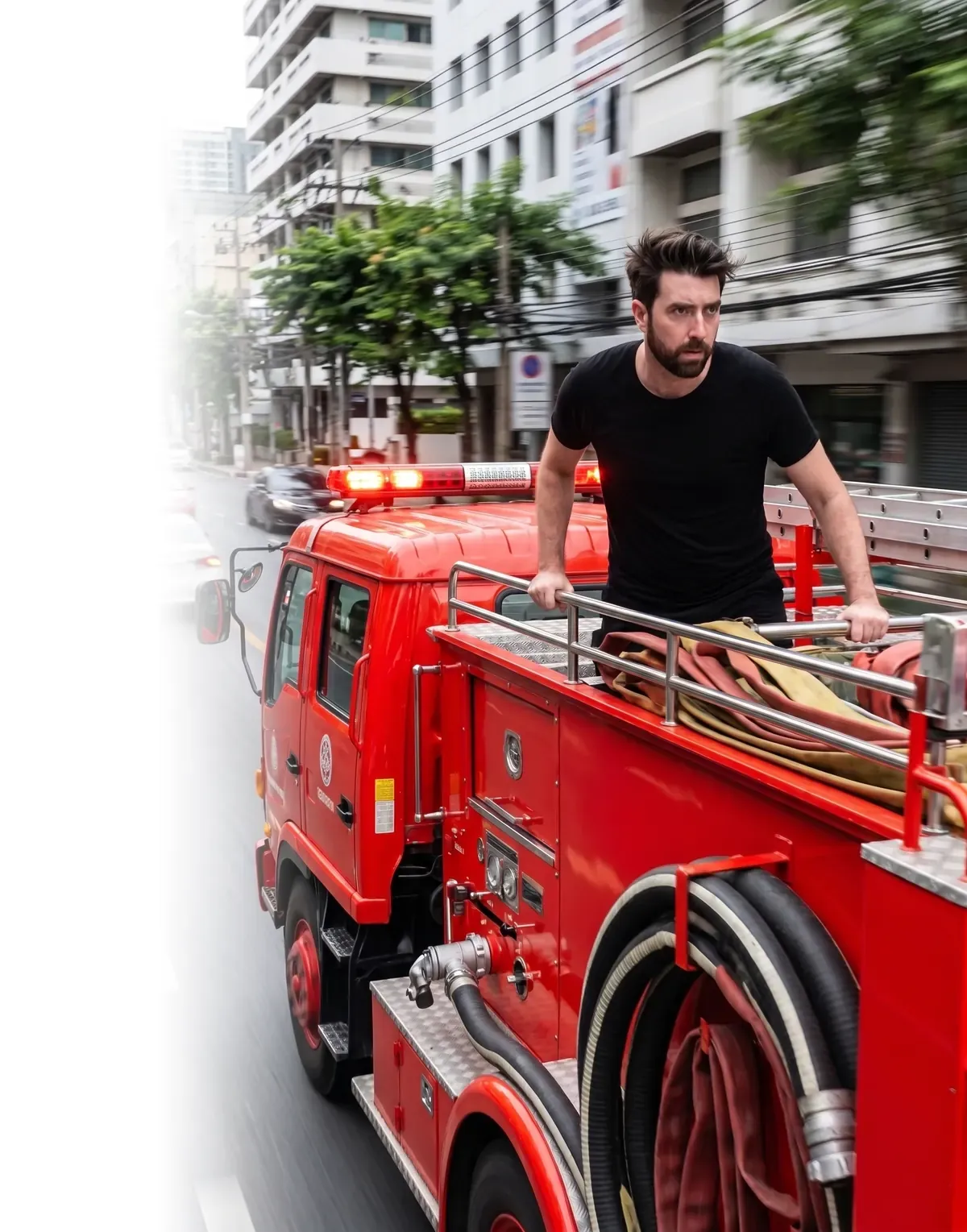 Jef riding on the back of a fire truck