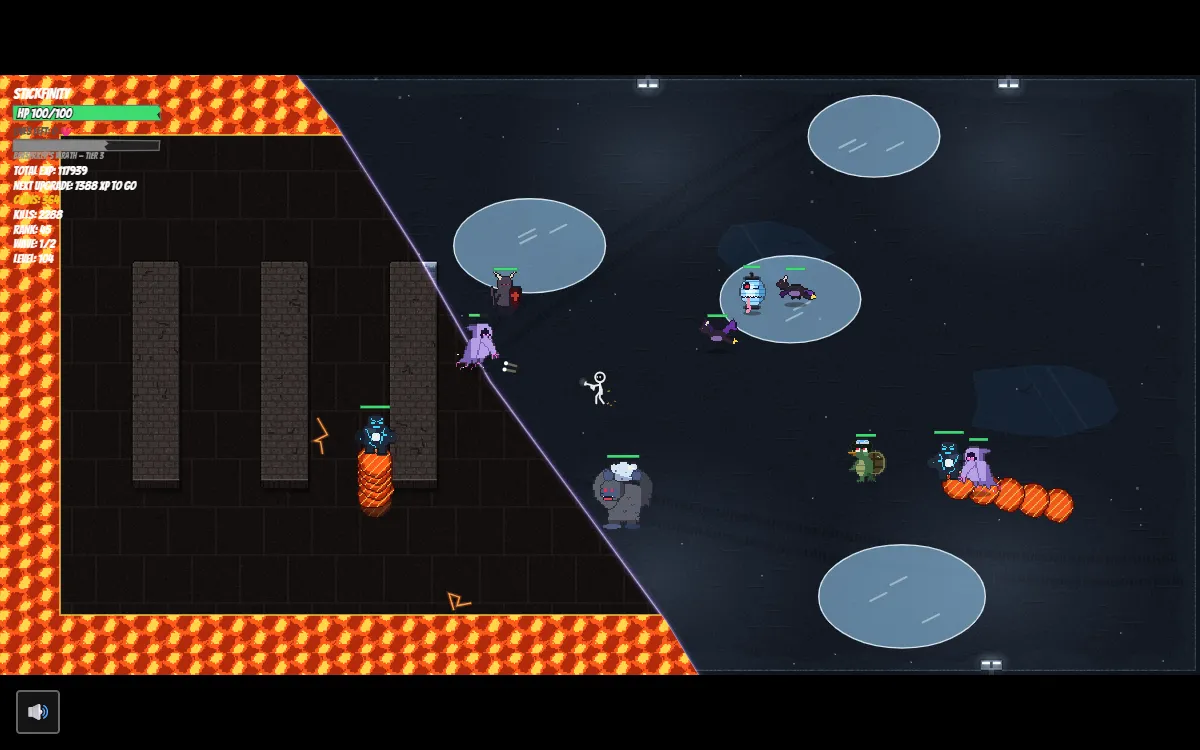 Stickfinity, level 104: two worlds in one arena