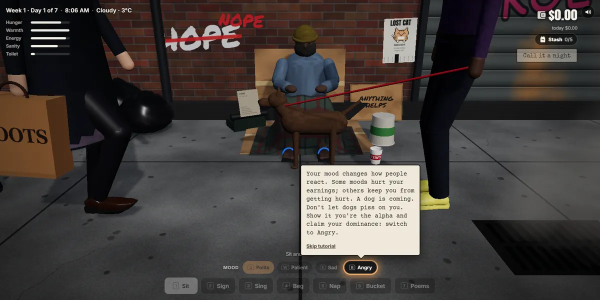 The tutorial: a dog on a leash stops beside him, only the Angry mood is lit, and a note explains moods