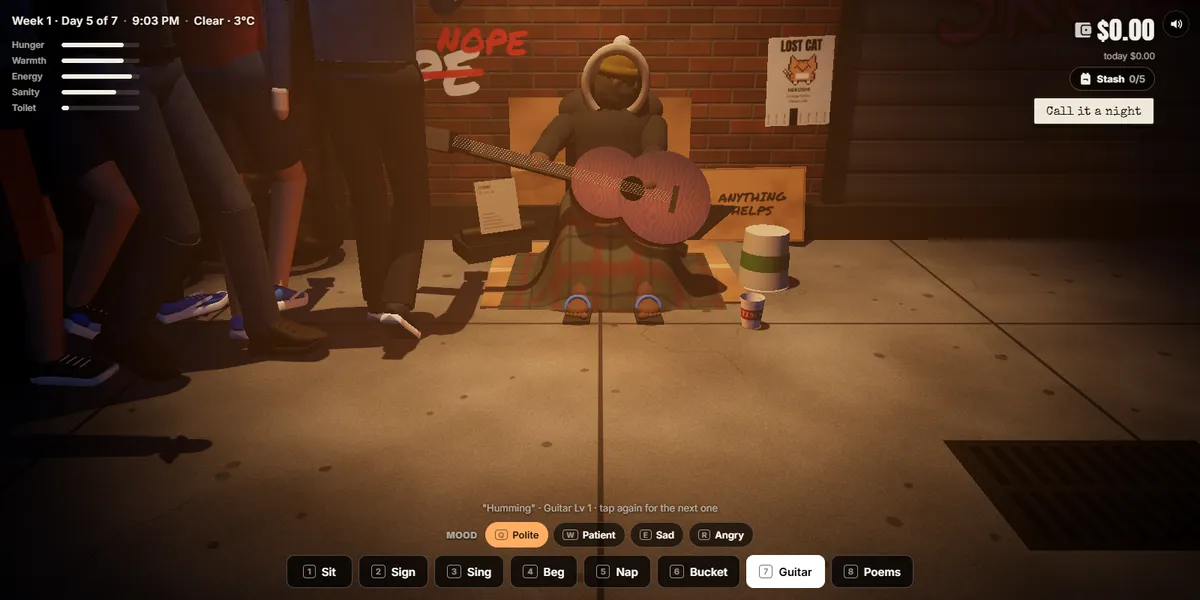9 PM: he plays the guitar under the streetlight while a small crowd listens