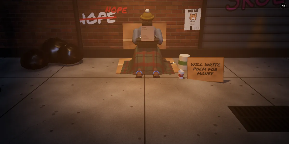 You Suck at Living: the guy on his cardboard at dusk, typing a poem under the streetlight
