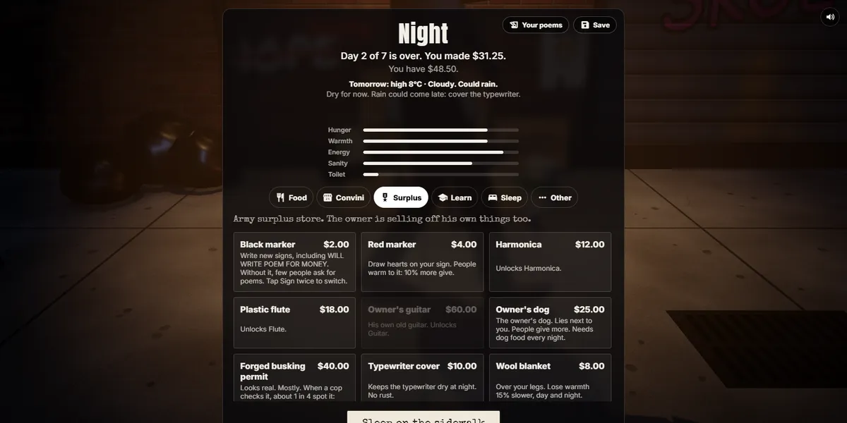 The night menu on the Surplus tab: markers, instruments, the owner's dog, a forged permit, a typewriter cover and a wool blanket
