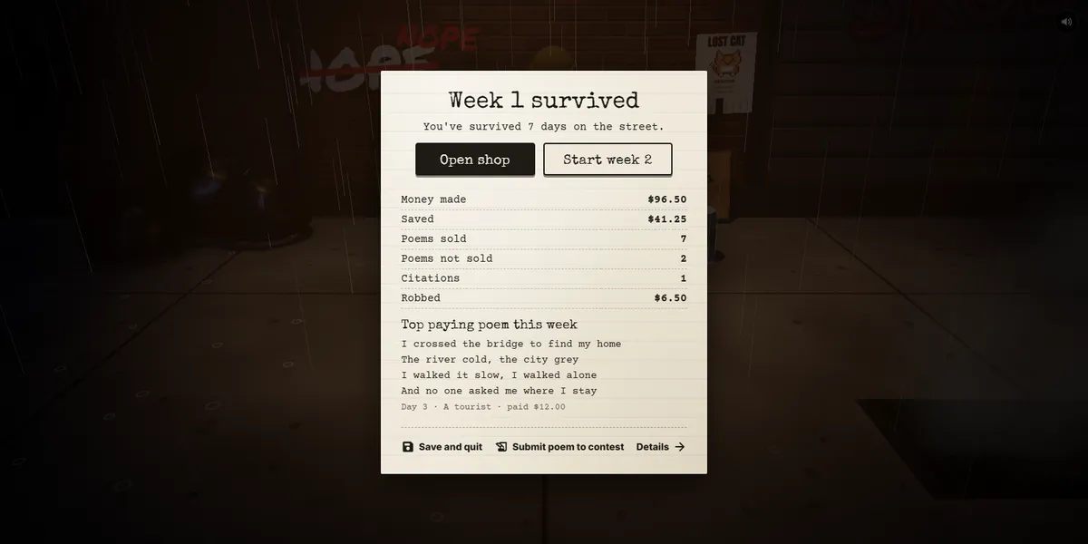 The Week 1 survived screen: money made and saved, poems sold, citations, and the top paying poem of the week