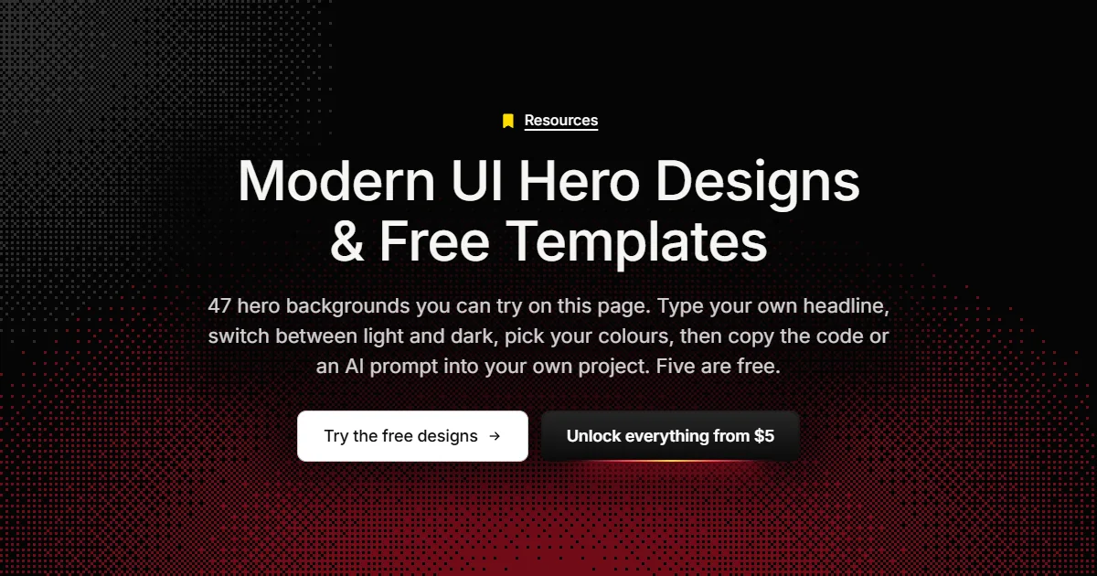 The hero designs page: a dark hero with a red pixel glow rising from the bottom