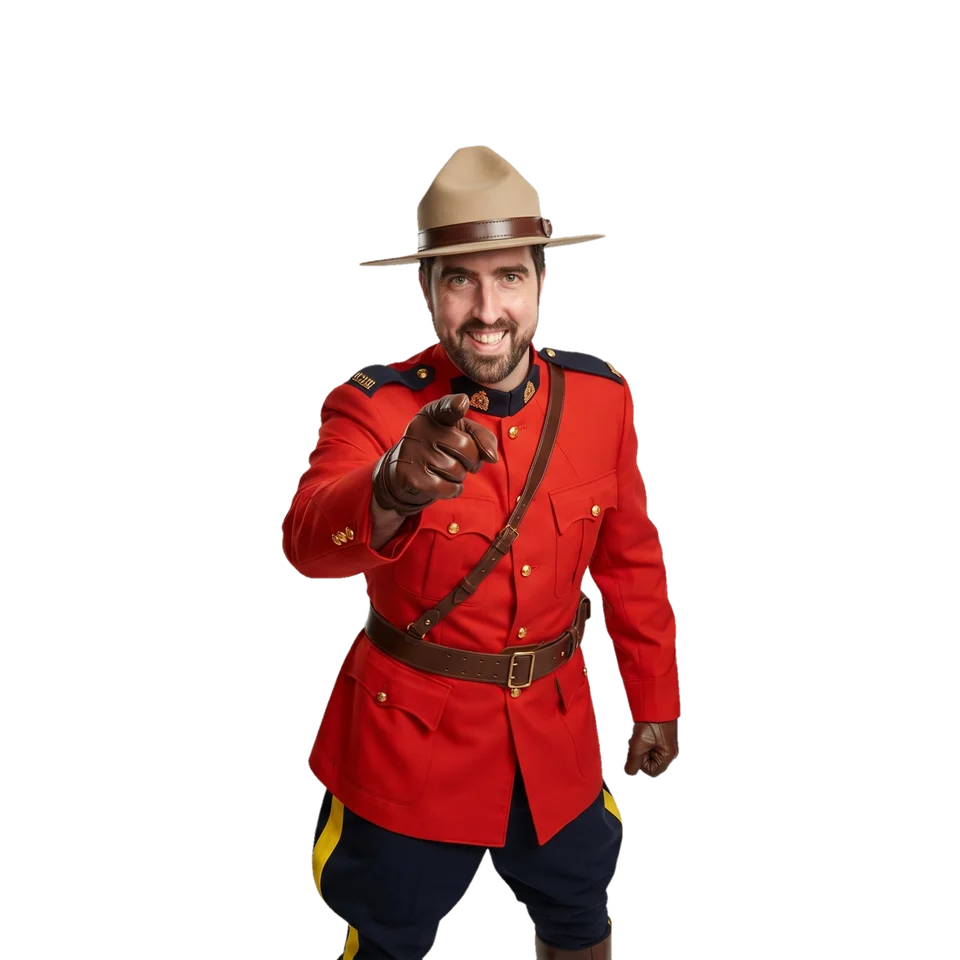 Jef van de Graaf in a red RCMP-style uniform, pointing at you in front of a website going up in flames