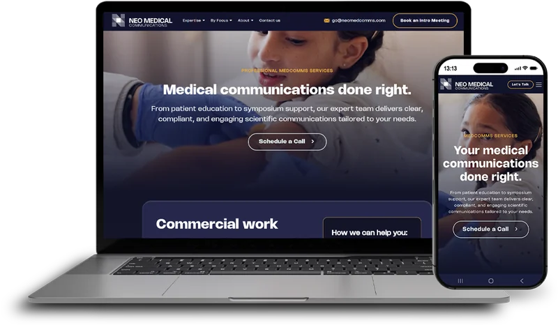 NEO Med Comms — medical communications website on laptop, tablet and phone