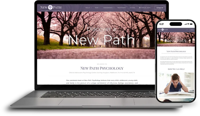 New Path Psychology — child psychology website on laptop, tablet and phone