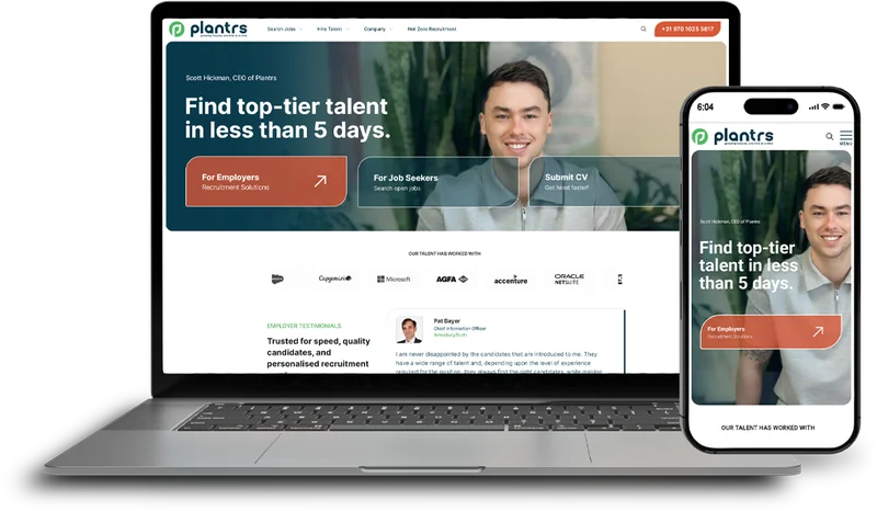 Plantrs — recruitment agency website on laptop, tablet and phone