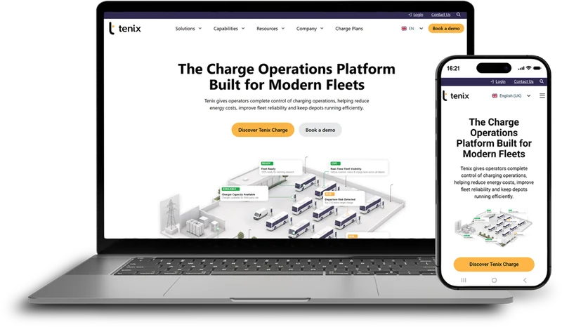 Tenix — electric fleet management software website on laptop, tablet and phone