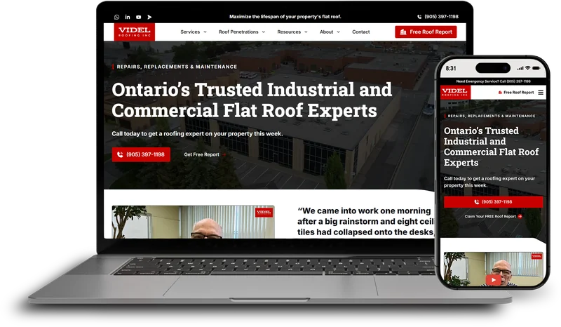 Videl Roofing — commercial roofing website on laptop, tablet and phone